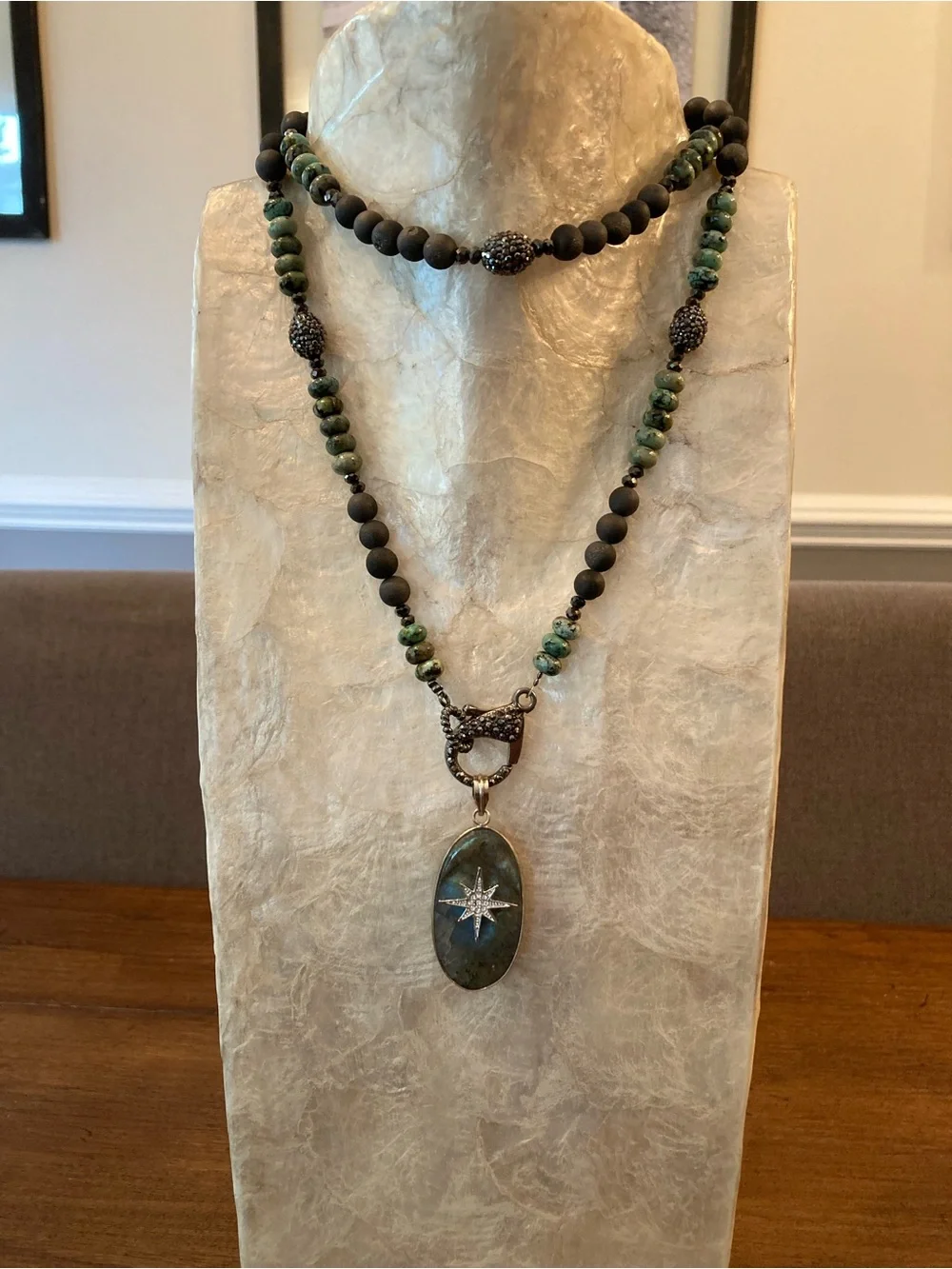 Artist created labradorite & semi precious stone 35” necklace.